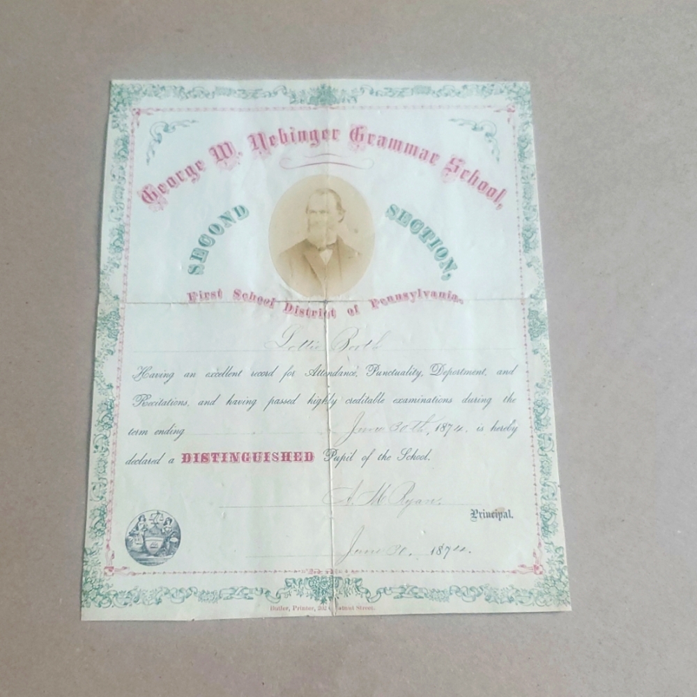 1874 Certificate Of School